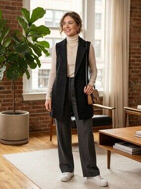 Design Lab Lord & Taylor Black Wool Blend Long Vest Duster Coat - Size L